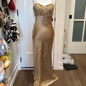 Vintage champagne silk maxi dress with beading!